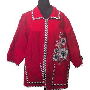 Bob Mackie Wearable Art Red Floral Embroidered Jacket XL Striped Trim Zip Front
